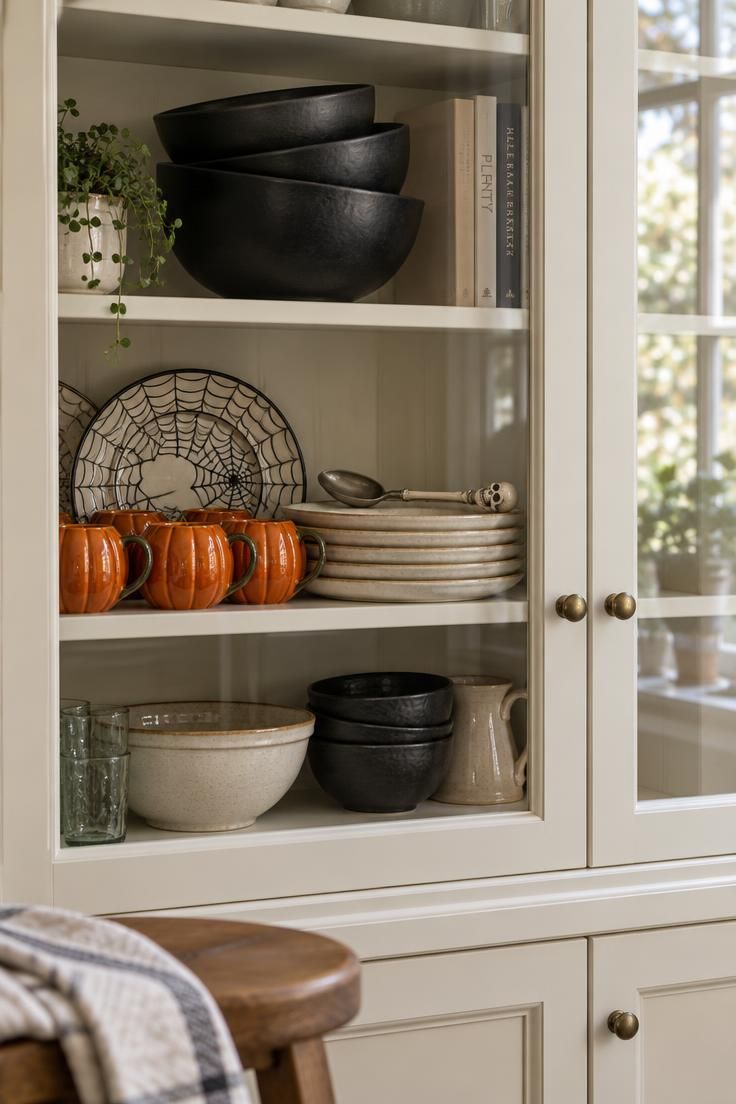 11 Cozy Halloween Kitchen Decor Ideas That Feel Like Fall 10 Glass-front kitchen cabinet displaying black mixing bowls, pumpkin mugs, and spiderweb plates on cream shelves.