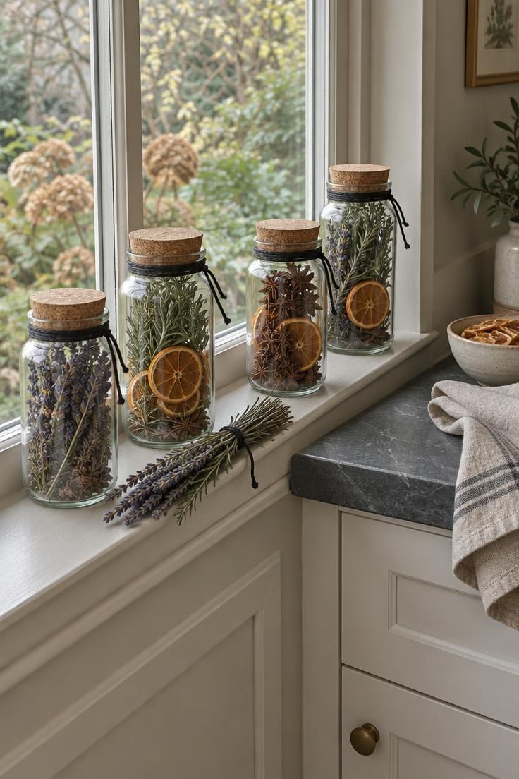11 Cozy Halloween Kitchen Decor Ideas That Feel Like Fall 11 A kitchen windowsill lined with small cork-stoppered glass jars of dried lavender, rosemary, and star anise tied with black twine, with a loose bundle of dried stems laid flat and soft daylight coming through the window.