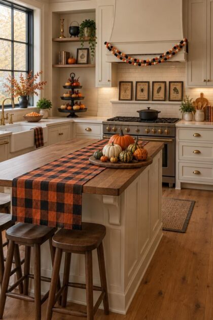 11 Cozy Halloween Kitchen Decor Ideas That Feel Like Fall Cozy kitchen decorated for fall and Halloween with a buffalo check runner, pumpkin cluster, three-tier stand, and felt garland.