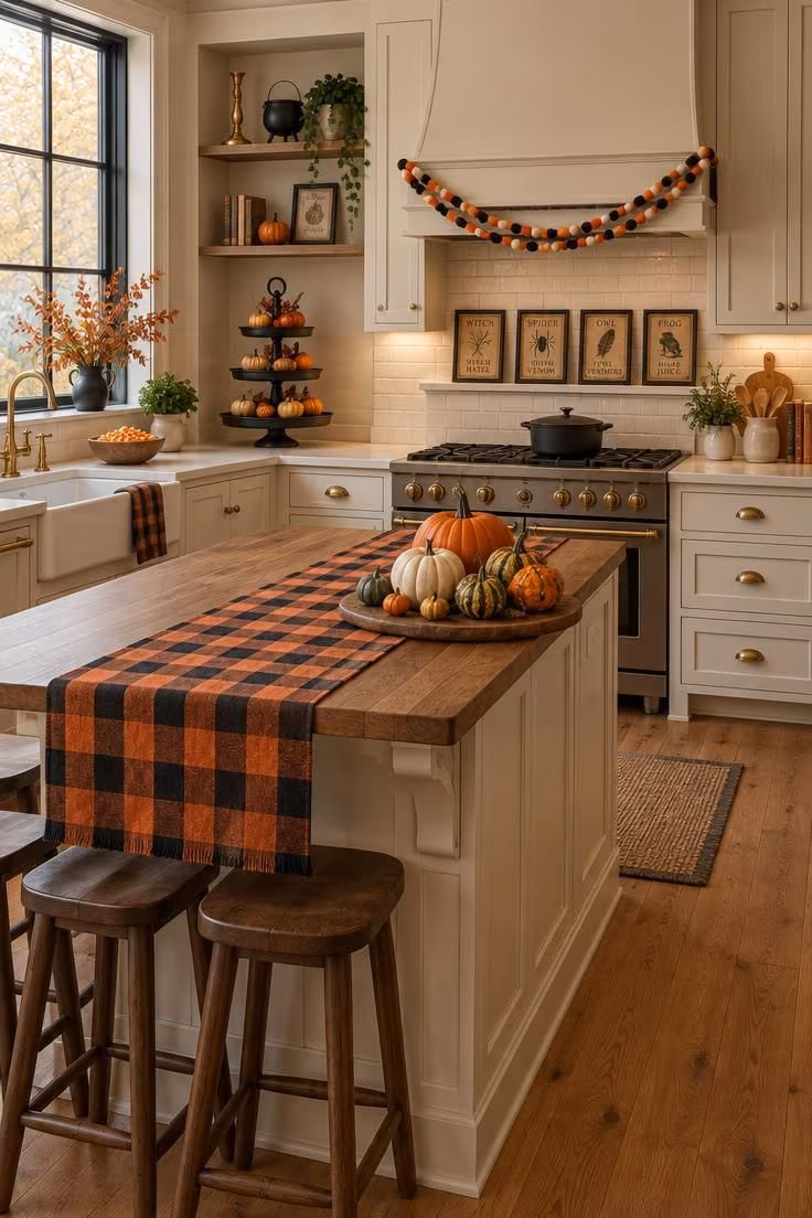 Simple Spaces 19 Cozy kitchen decorated for fall and Halloween with a buffalo check runner, pumpkin cluster, three-tier stand, and felt garland.