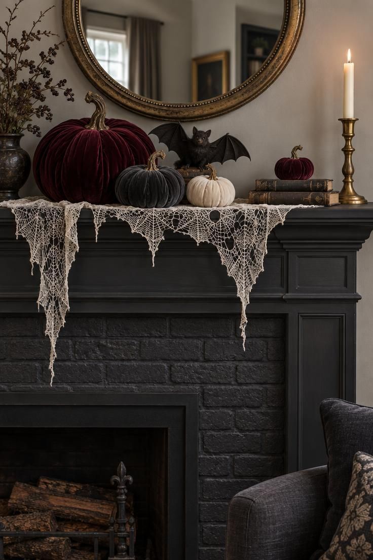A fireplace mantel draped with off-white spiderweb lace and clustered with burgundy, charcoal, and cream velvet pumpkins, a small black bat nearby and a round brass mirror above against dark painted brick.