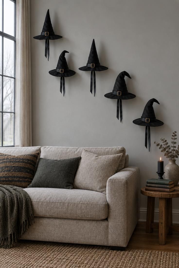 Five black witch hats with satin ribbons hung at staggered heights above an oatmeal linen sofa against a light gray wall, with a wooden side table holding books and a black candle.