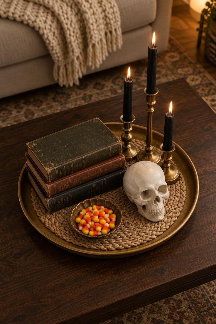 An overhead view of a round brass tray on a dark coffee table holding aged books, a white ceramic skull, black taper candles in brass holders, and a dish of candy corn on a woven placemat.