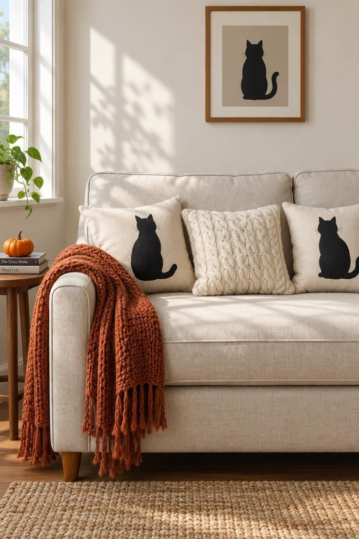 A light beige sofa with black cat silhouette pillows at each end, a cream cable-knit pillow in the center, a rust throw over one arm, and a wooden side table with books and a small orange pumpkin.