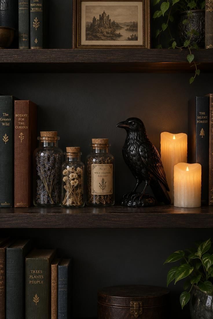 A dark wood bookshelf styled with apothecary jars of dried botanicals, a black ceramic raven, and flameless pillar candles, with books kept in place and a deep gray painted backing.