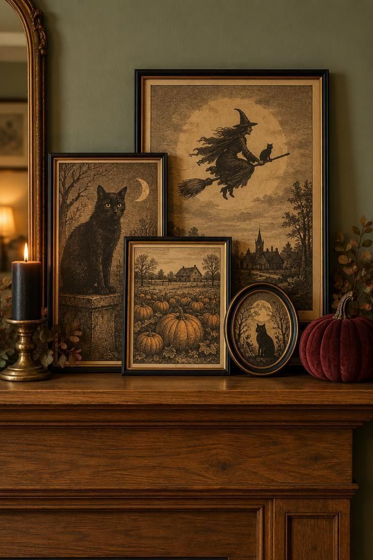 A wood mantel layered with vintage-style Halloween prints in black and gold frames showing a black cat, pumpkin patch, and witch, with a black candle and dark red pumpkin at either side against a sage green wall.