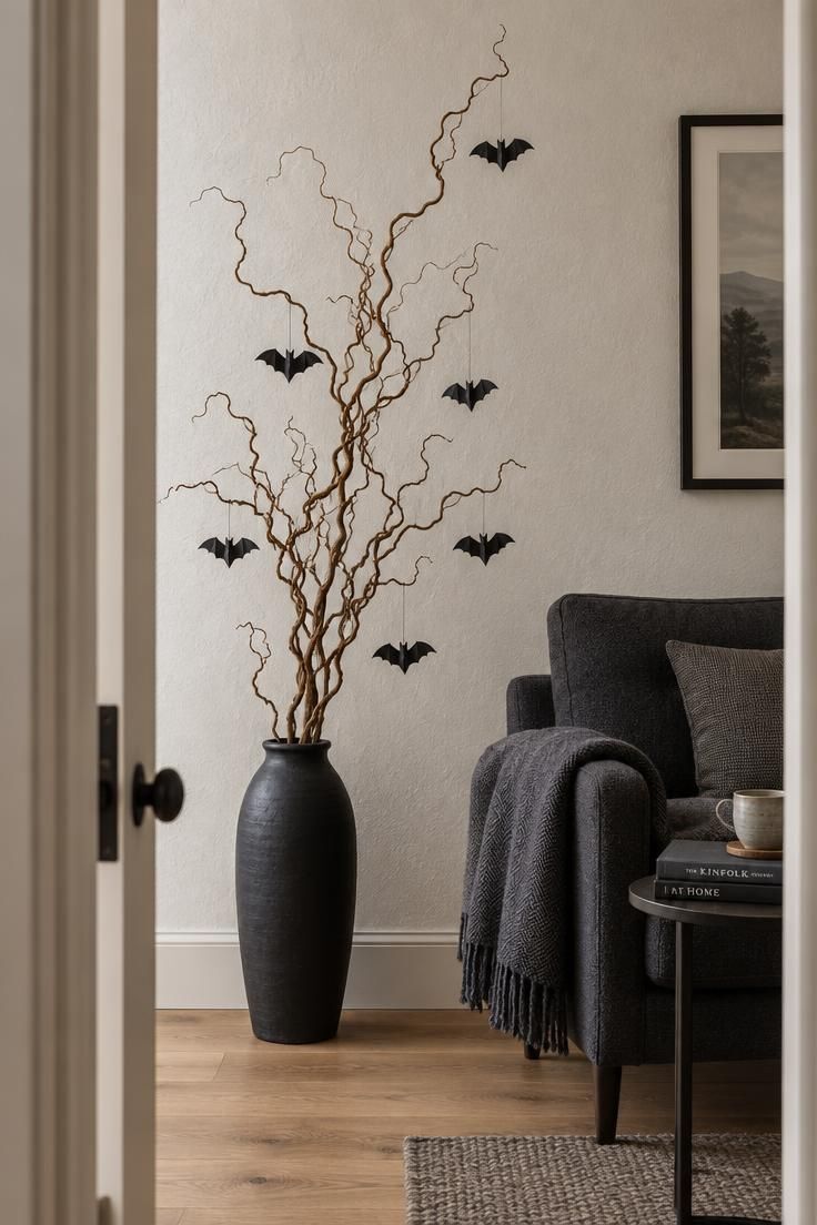 A tall black floor vase in a living room corner holding dried curly willow branches with small black paper bats hung at varying heights, near a charcoal armchair and side table.