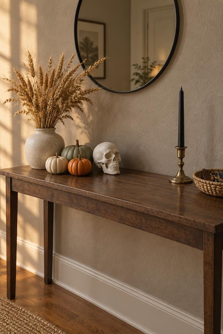 A narrow console table styled with dried wheat in a low vase, small pumpkins in cream, sage, and orange, a white ceramic skull, and a black taper candle, with a round black-framed mirror above.