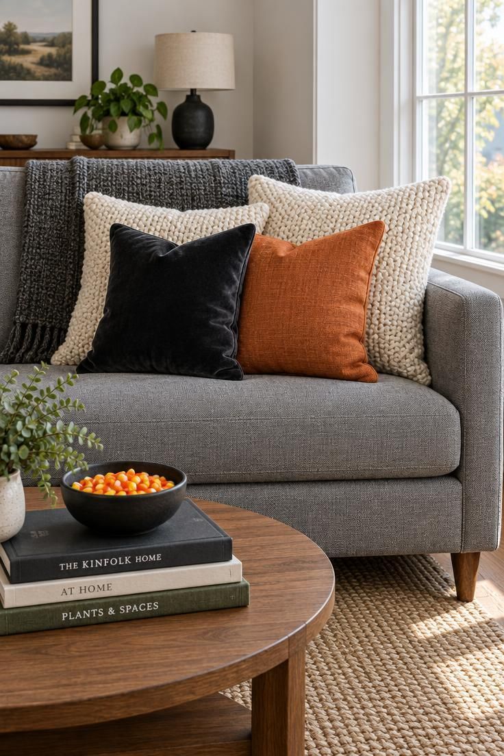 A gray sofa with layered pillows including two cream chunky knit pillows, a black velvet pillow, and a burnt orange linen pillow, with a charcoal throw over the back.