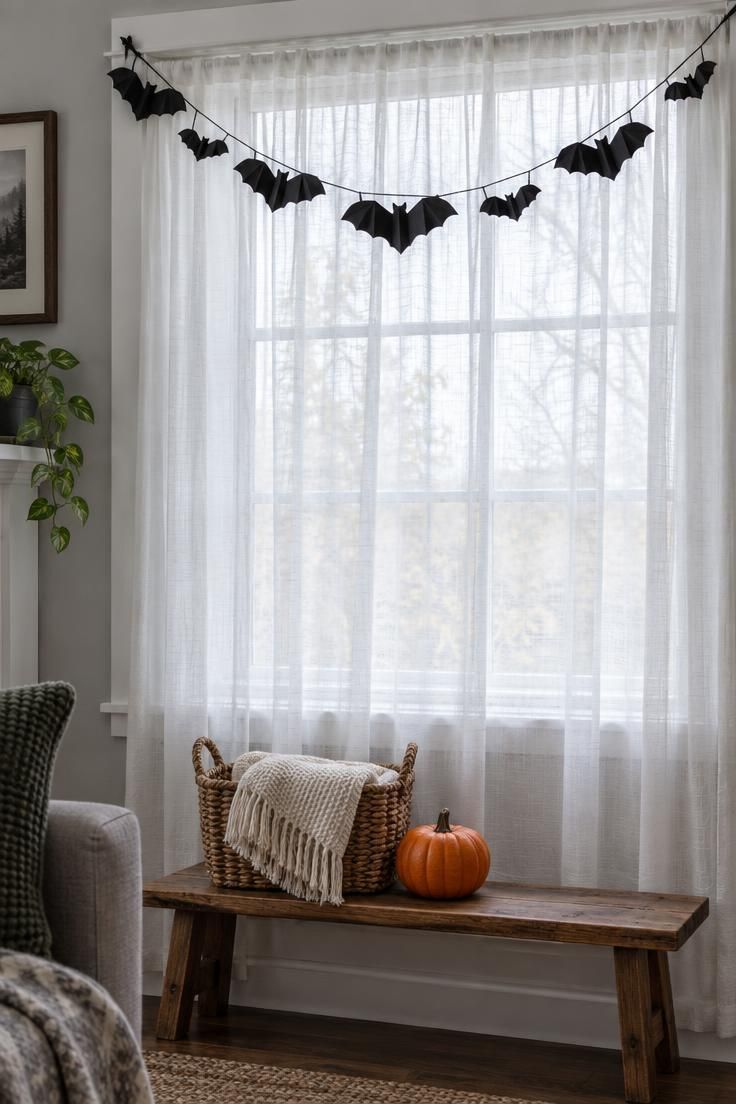 A DIY paper bat garland of black cardstock bats on dark twine draped in a soft swag across a window with sheer white curtains, above a wooden bench with a basket and small pumpkin.