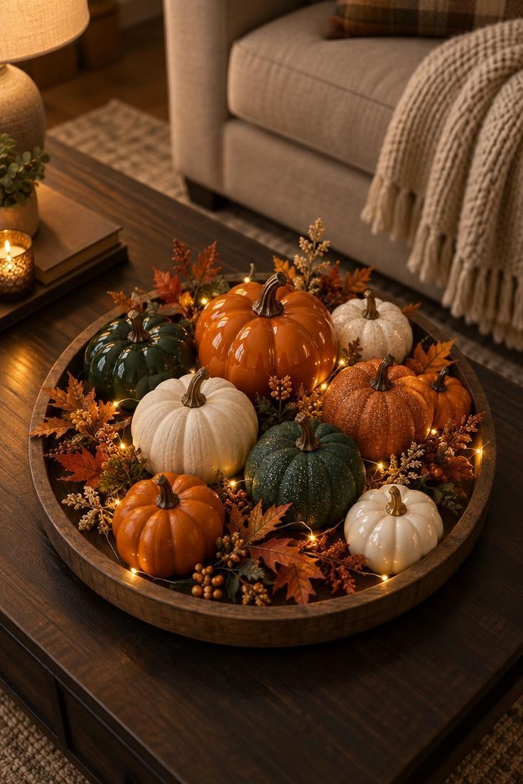 An overhead view of a round wooden tray on a coffee table filled with miniature pumpkins in orange, white, and green, with faux autumn leaves and woven fairy lights.