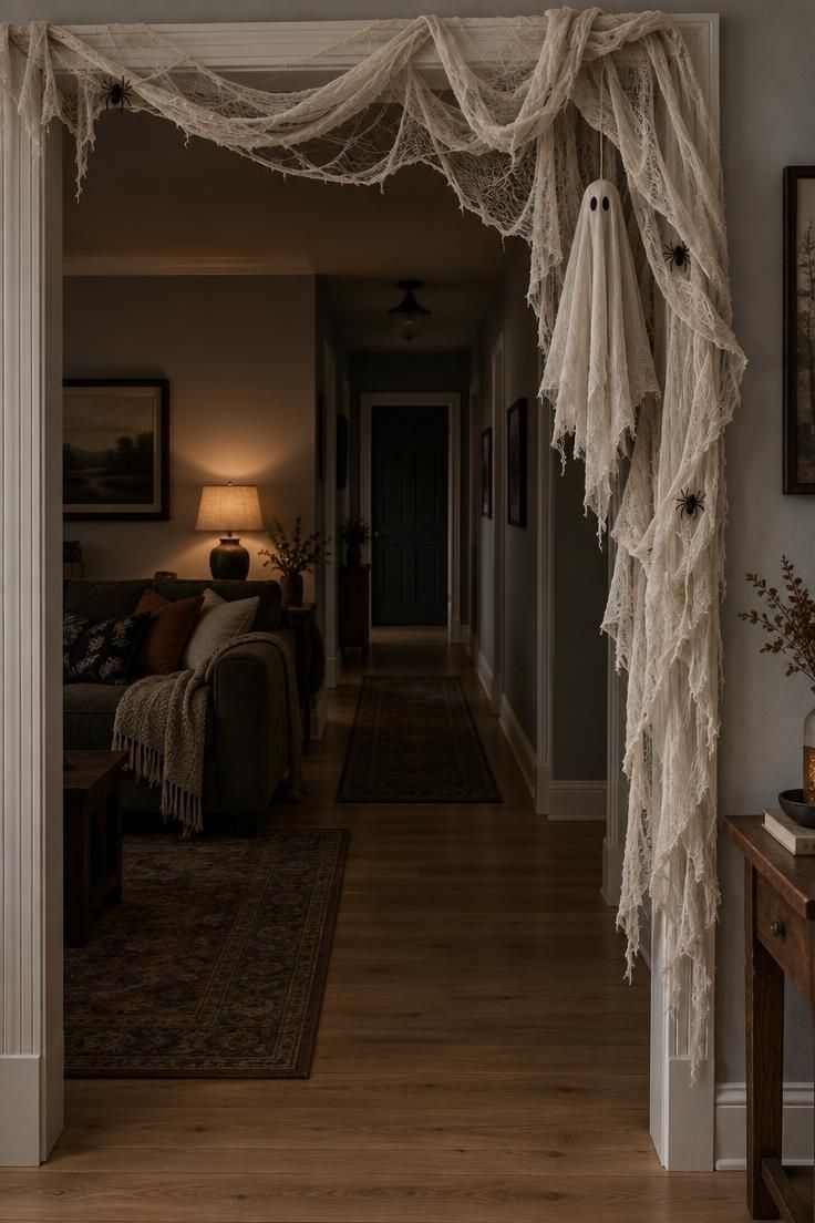 A doorway draped with layered cream cheesecloth arranged like cobwebs and gathered to one side, with small plastic spiders and a lightweight linen ghost among the folds.