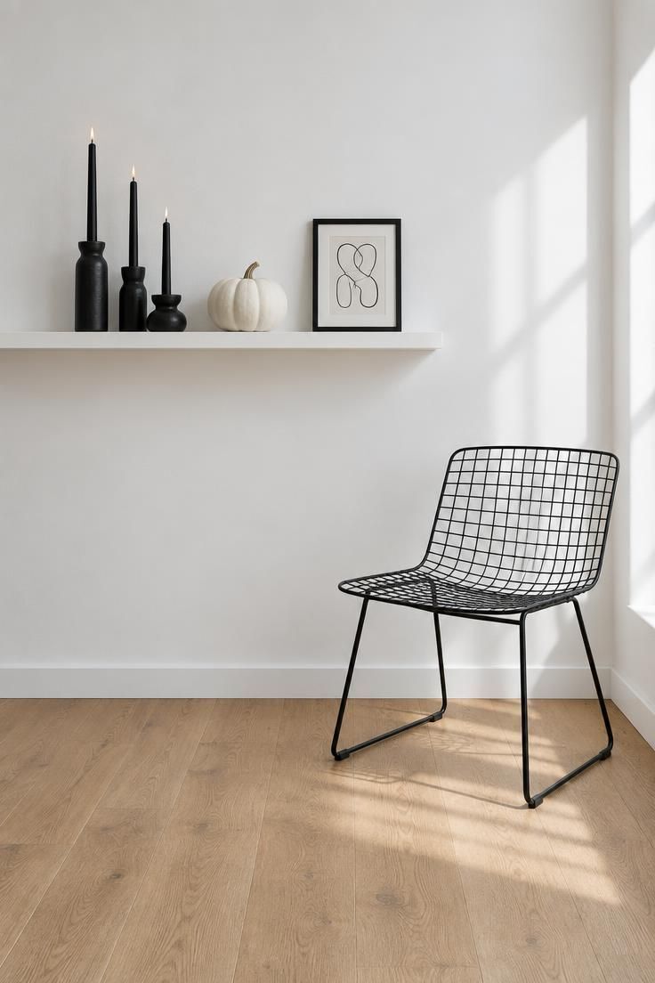 A shallow white shelf in a minimal corner holding three black taper candles in staggered black ceramic holders, a matte white pumpkin, and a small black-framed abstract print, near a black wire chair.