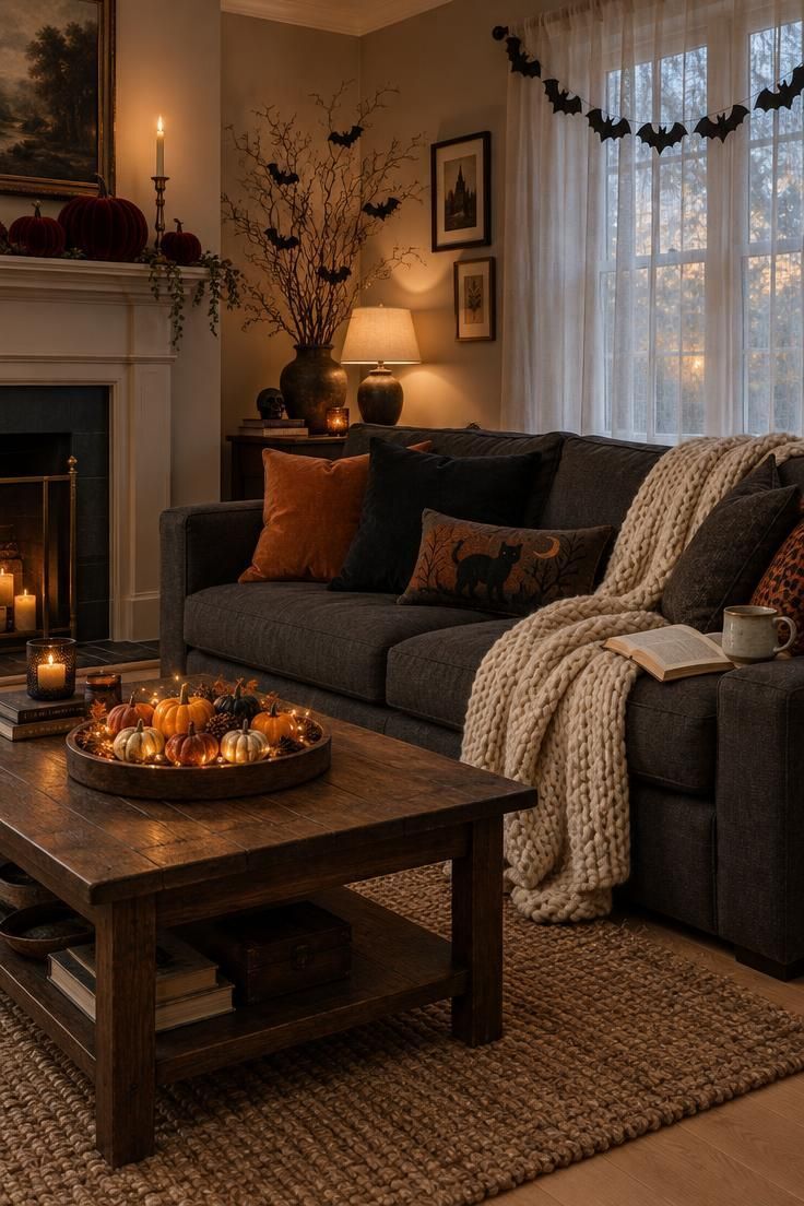 Simple Spaces 16 A cozy dimly lit living room with a charcoal sofa layered in black and orange pillows, a pumpkin tray with fairy lights on the coffee table, a styled mantel, and a paper bat garland across a curtained window.