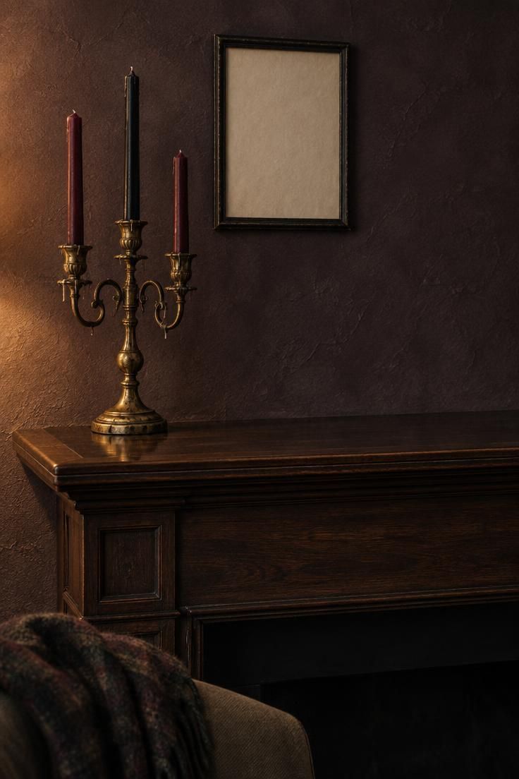 11 Moody Halloween Mantel Decor Ideas for Cozy Evenings 1 Tarnished brass candelabra with oxblood and black tapers on the left side of a dark wood mantel against a charcoal-plum wall, the rest of the ledge left bare.