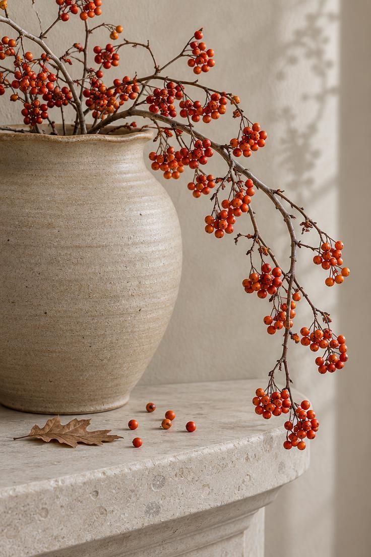 11 Moody Halloween Mantel Decor Ideas for Cozy Evenings 2 A matte stoneware vessel on a limestone mantel with dried bittersweet branches trailing over the edge, scattered berries resting on the surface nearby.
