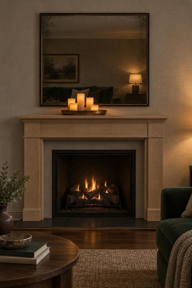 11 Moody Halloween Mantel Decor Ideas for Cozy Evenings 3 A darkened mirror above a mantel with a cluster of warm flameless pillar candles on a brass tray, a hint of the living room visible in the reflection.