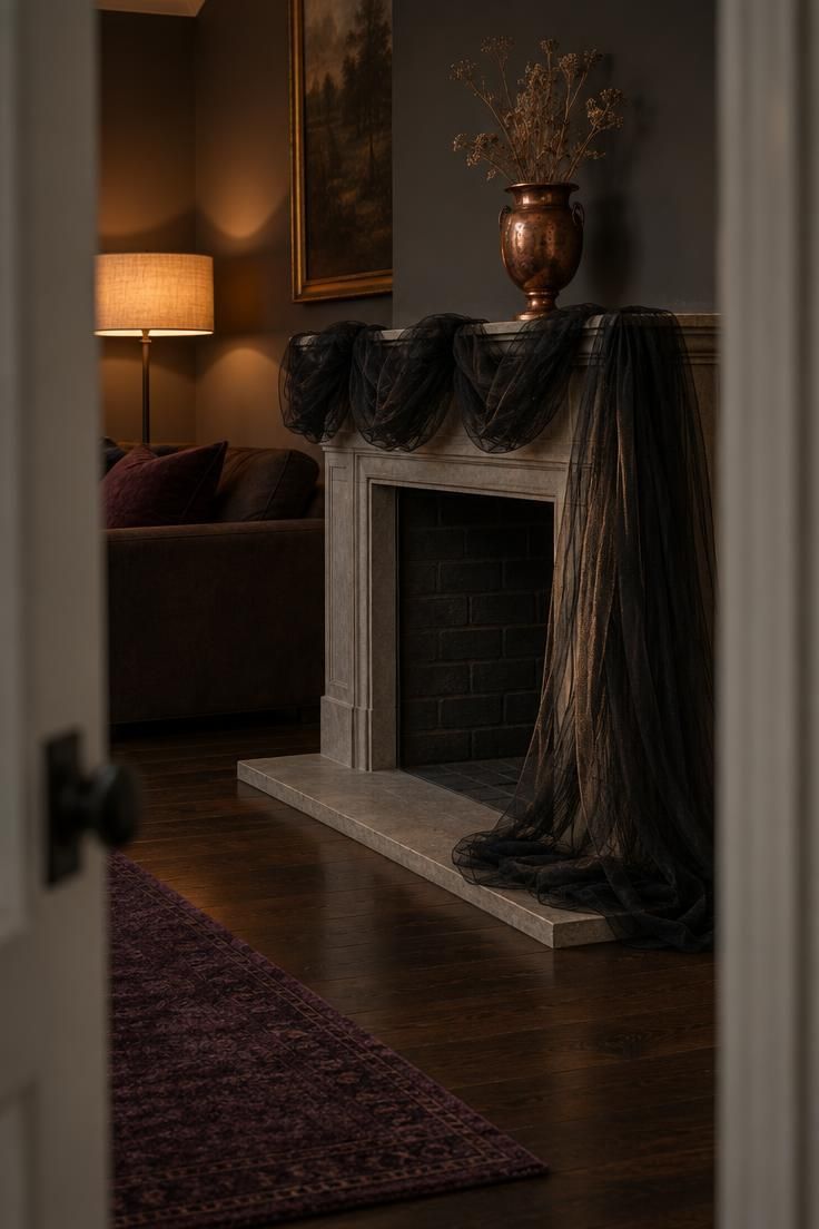 11 Moody Halloween Mantel Decor Ideas for Cozy Evenings 4 Black tulle gathered along the front edge of a mantel and cascading down one side, a copper urn with dried stems resting on the ledge above.