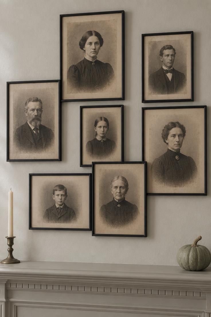11 Moody Halloween Mantel Decor Ideas for Cozy Evenings 5 Seven thin black frames with vintage Halloween portraits layered on a wall above a pale mantel, one candlestick and a small gourd on the ledge.