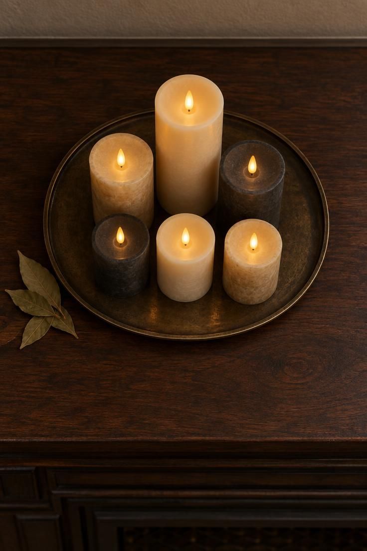 11 Moody Halloween Mantel Decor Ideas for Cozy Evenings 6 An overhead view of a cluster of flameless pillar candles at varying heights on a dark bronze tray, arranged against a dark walnut mantel.