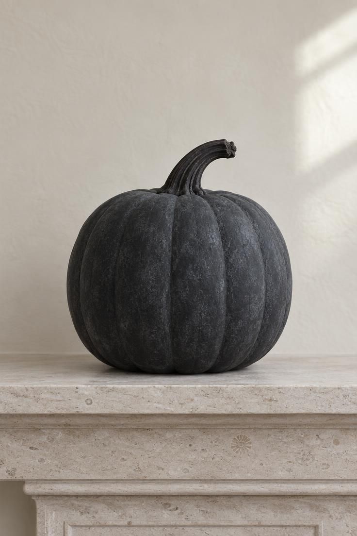 11 Moody Halloween Mantel Decor Ideas for Cozy Evenings 7 A single oversized matte charcoal pumpkin centered on a bare limestone mantel with wide empty space on both sides.
