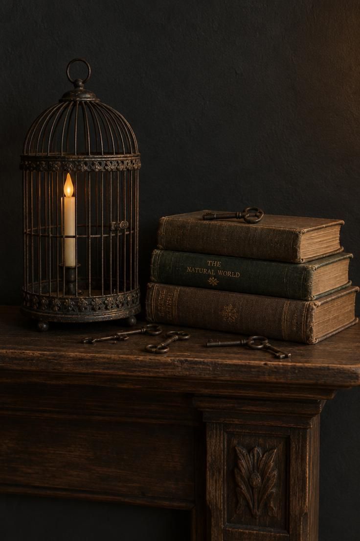 11 Moody Halloween Mantel Decor Ideas for Cozy Evenings 8 A tarnished small birdcage with a flameless taper inside, aged books stacked beside it, and old keys scattered across a mantel.
