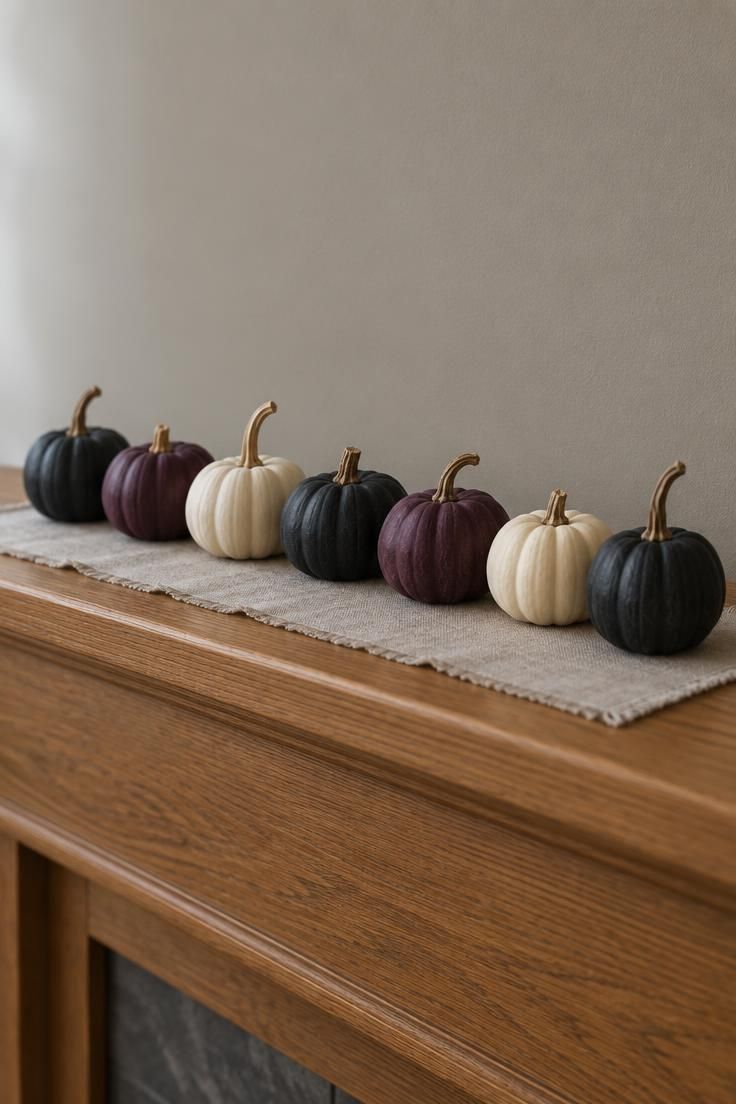 11 Moody Halloween Mantel Decor Ideas for Cozy Evenings 9 Seven mini pumpkins in matte black, deep plum, and cream arranged in a row on a linen runner along a light oak mantel.