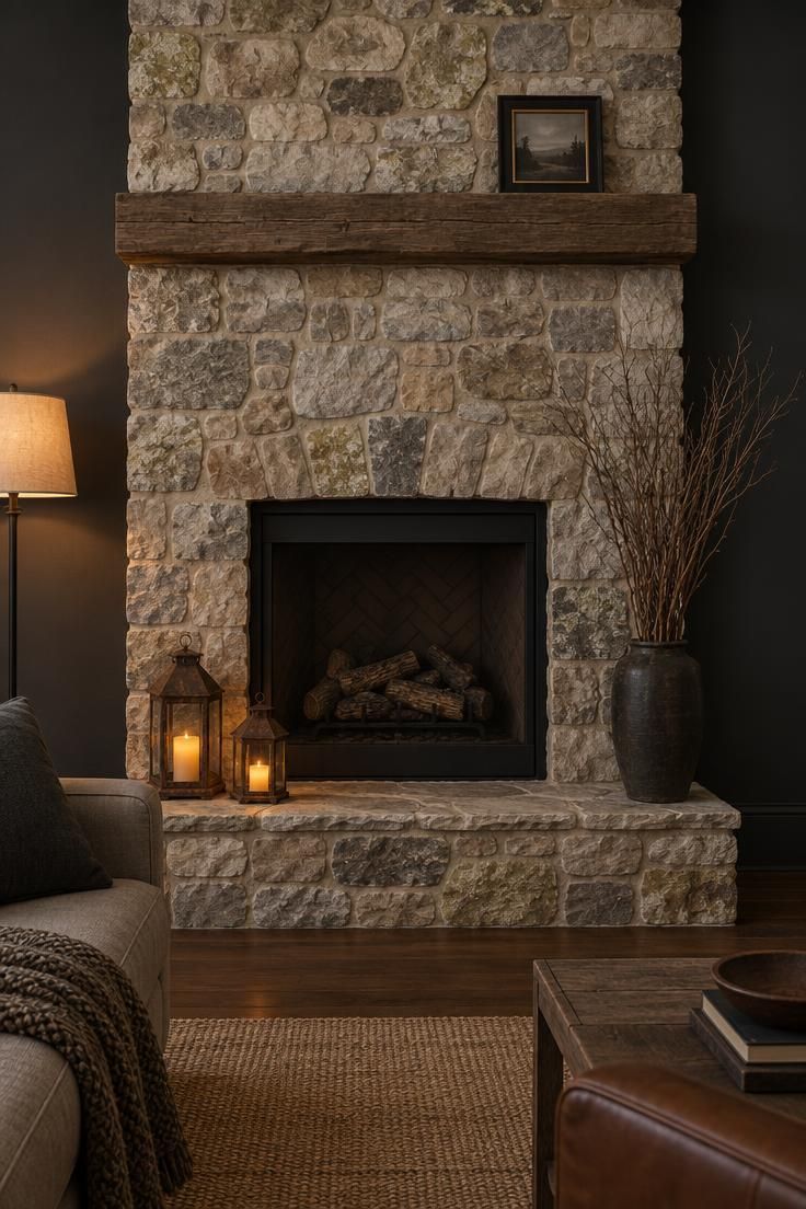 11 Moody Halloween Mantel Decor Ideas for Cozy Evenings 10 Two rusted lanterns with warm glowing candles on a stone hearth beside a bundle of bare twigs in a dark vessel, with a nearly bare mantel above.