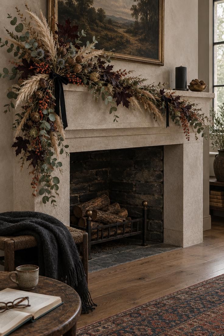 11 Moody Halloween Mantel Decor Ideas for Cozy Evenings 11 Asymmetrical dried botanical garland in sage, burgundy, and near-black trailing across a limestone mantel with an unlit black pillar candle in the open ledge space beside a brass dish.