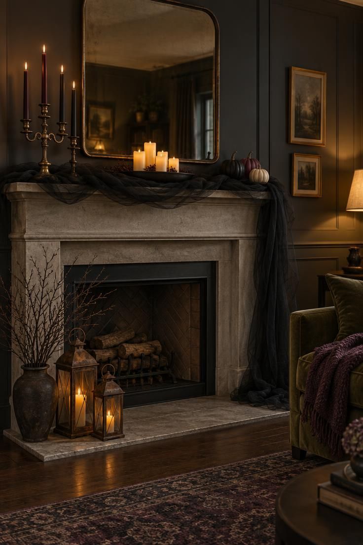 Simple Spaces 15 A moody, warmly lit mantel layered with black tulle, a brass candelabra, clustered candles, and mini pumpkins, with rusted lanterns and twigs on the hearth below and a darkened mirror above.