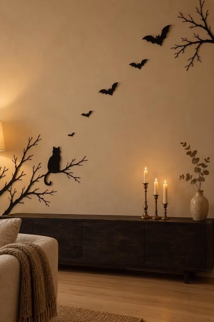 11 Hauntingly Easy Halloween Party Decor Ideas for Home 1 Black paper bat and branch silhouettes drift diagonally across a pale plaster wall above a low console with three cream pillar candles.