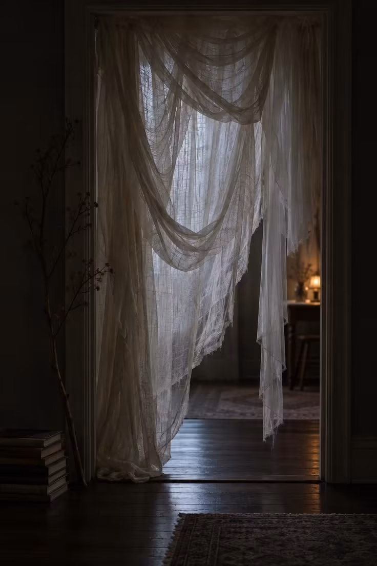 11 Hauntingly Easy Halloween Party Decor Ideas for Home 2 Loosely gathered cheesecloth and tulle drape over a doorway, backlit by a cool glow with a warm table light visible beyond.