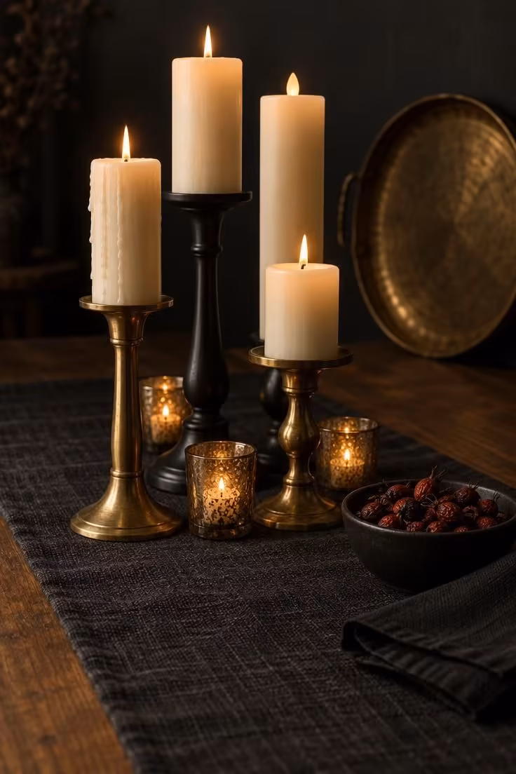 11 Hauntingly Easy Halloween Party Decor Ideas for Home 3 Cream pillar candles at three heights in brass and black candlesticks cluster on a dark linen runner with low votives between them.