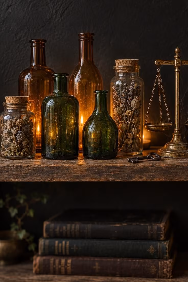 11 Hauntingly Easy Halloween Party Decor Ideas for Home 4 Amber and green glass bottles, corked jars, and dried botanicals on a weathered shelf, backlit so the glass glows from within.