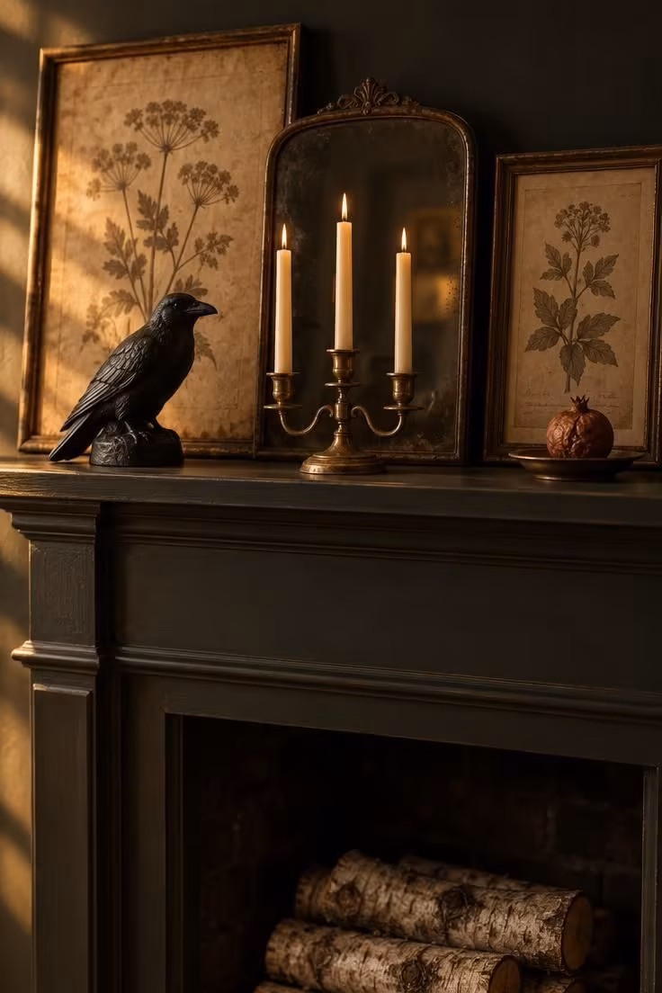 11 Hauntingly Easy Halloween Party Decor Ideas for Home 6 A mantel styled in three depth layers with leaning sepia prints, a small darkened mirror, and a low brass candelabra lit from the left.