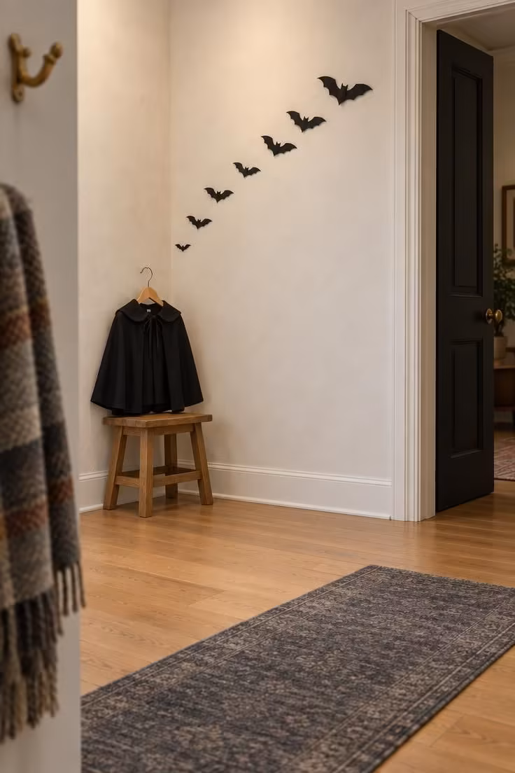 11 Hauntingly Easy Halloween Party Decor Ideas for Home 7 A pale corner with a cluster of black paper bats above shoulder height and a single prop resting on a low stool, with open floor space in front.