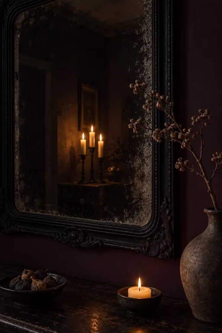 11 Hauntingly Easy Halloween Party Decor Ideas for Home 8 A darkened antique mirror reflects a tight cluster of three cream candles while a dried branch and single candle sit on the console below.