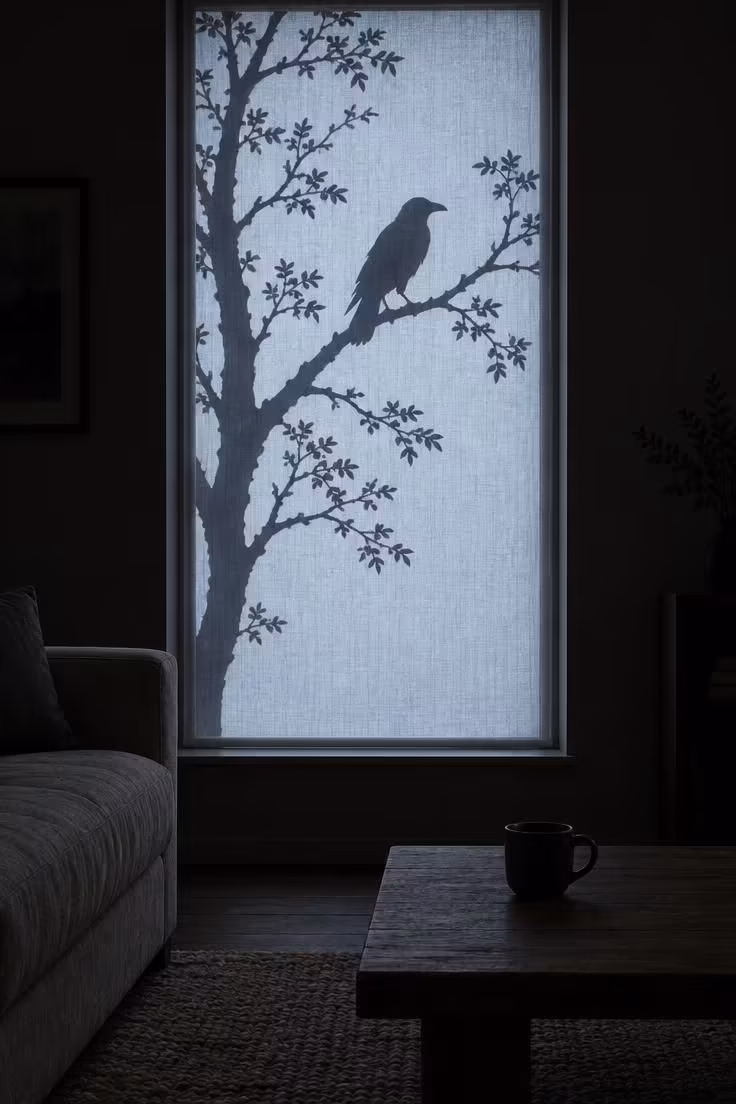 11 Hauntingly Easy Halloween Party Decor Ideas for Home 9 A large raven-and-branch silhouette glows behind a smooth sheer curtain in a dim living room, the panel lit cool against the shadowed interior.