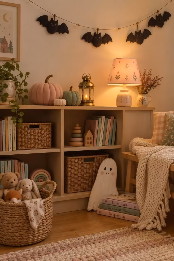 11 Hauntingly Easy Halloween Party Decor Ideas for Home 11 Felt bats hang above a shelf of pastel pumpkins and a small brass lantern, with a knitted blanket and picture books in a warm-lit corner.