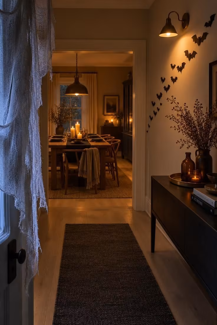 Simple Spaces 15 A warm hallway and dining room styled with draped entryway fabric, bat silhouettes drifting up a pale wall, and a candlelit table glowing at the far end.