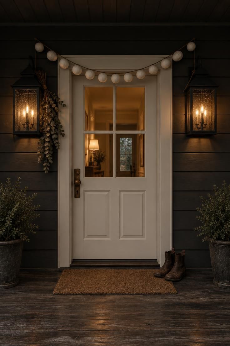 11 Charming Halloween Porch Ideas for a Festive Entry 1 Covered porch at dusk with two matte black lanterns flanking a warm-lit pale door beneath a bone-white sphere garland on dark twine.