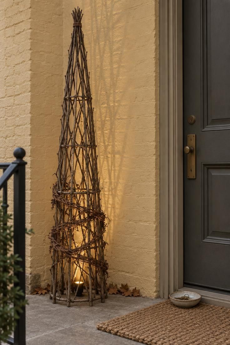 11 Charming Halloween Porch Ideas for a Festive Entry 2 Tall twig obelisk on a narrow stoop landing beside a lit door, wrapped in grapevine with a warm uplight at its base.
