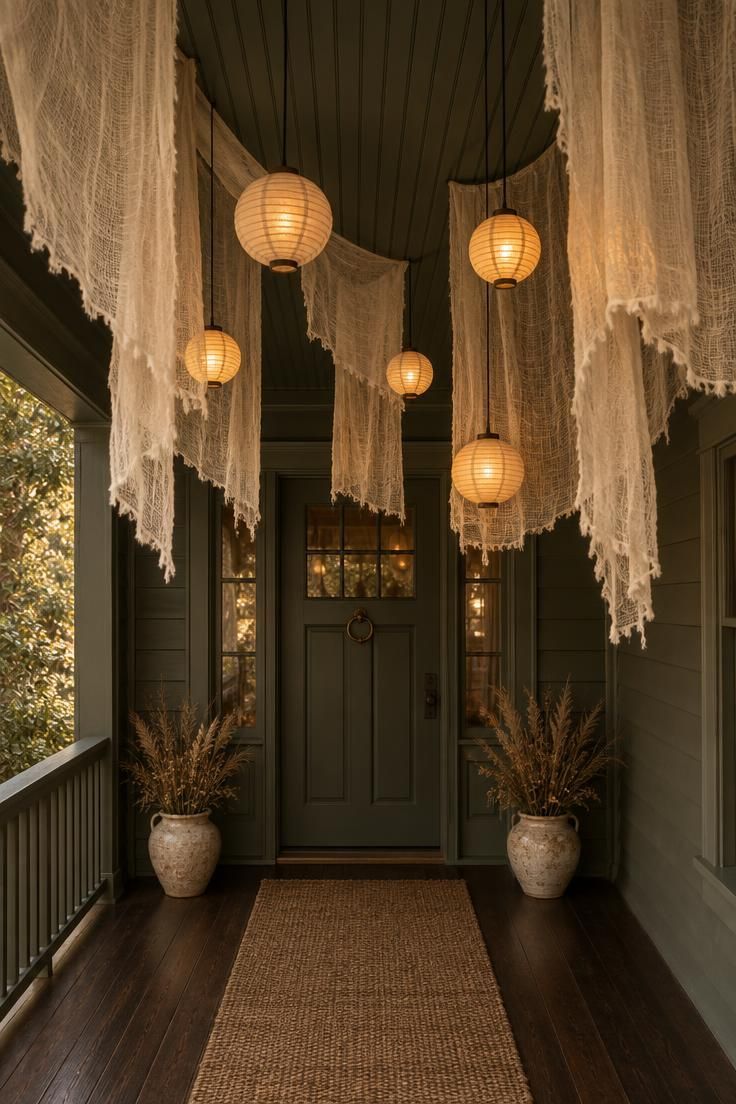 11 Charming Halloween Porch Ideas for a Festive Entry 3 Covered porch ceiling with staggered gauze panels and six warm paper lanterns hanging above head height over a clear floor.