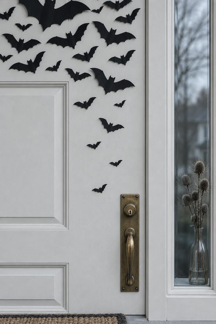 11 Charming Halloween Porch Ideas for a Festive Entry 4 Black paper bats in graduated sizes clustered on a pale door with a narrow sidelight catching cool light.