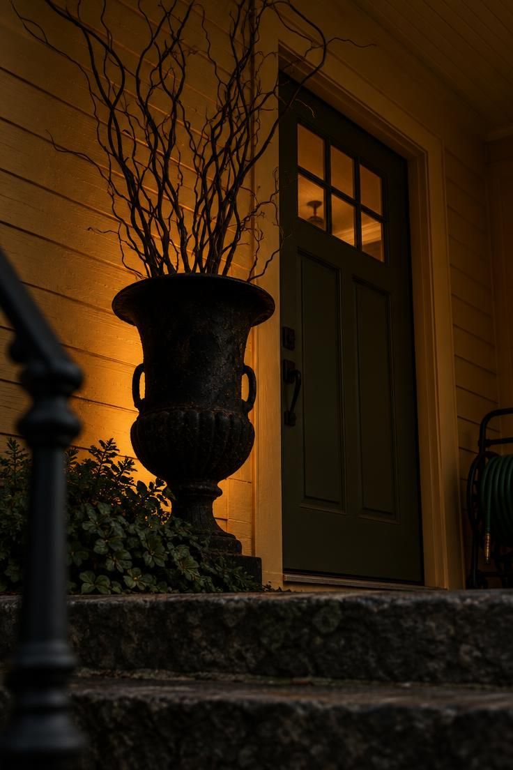 11 Charming Halloween Porch Ideas for a Festive Entry 5 Weathered iron urn with bare branches silhouetted against a warm-lit door, backlit from a source hidden near the wall.