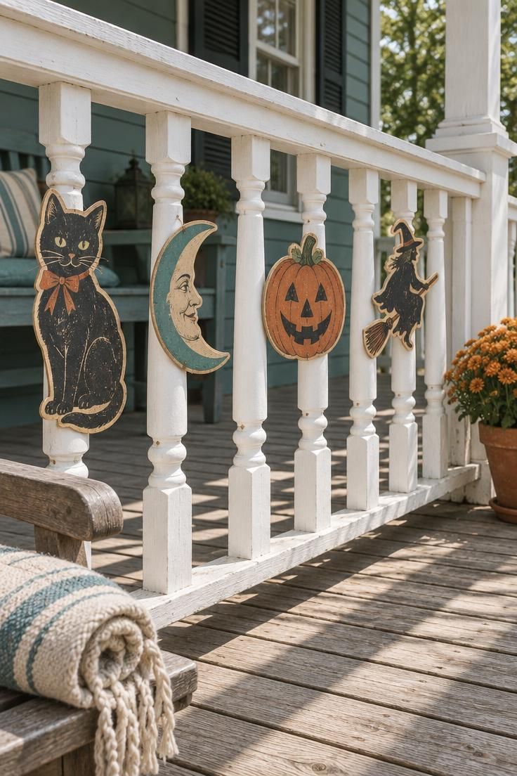 11 Charming Halloween Porch Ideas for a Festive Entry 6 Vintage die-cut Halloween shapes attached to alternating white porch railing spindles in a bright midday scene.