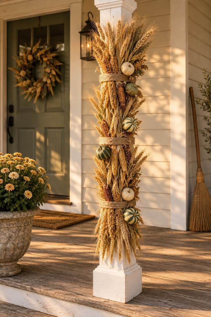 11 Charming Halloween Porch Ideas for a Festive Entry 7 Porch post wrapped in dried broom corn and wheat with small gourds tucked into three jute bind points.