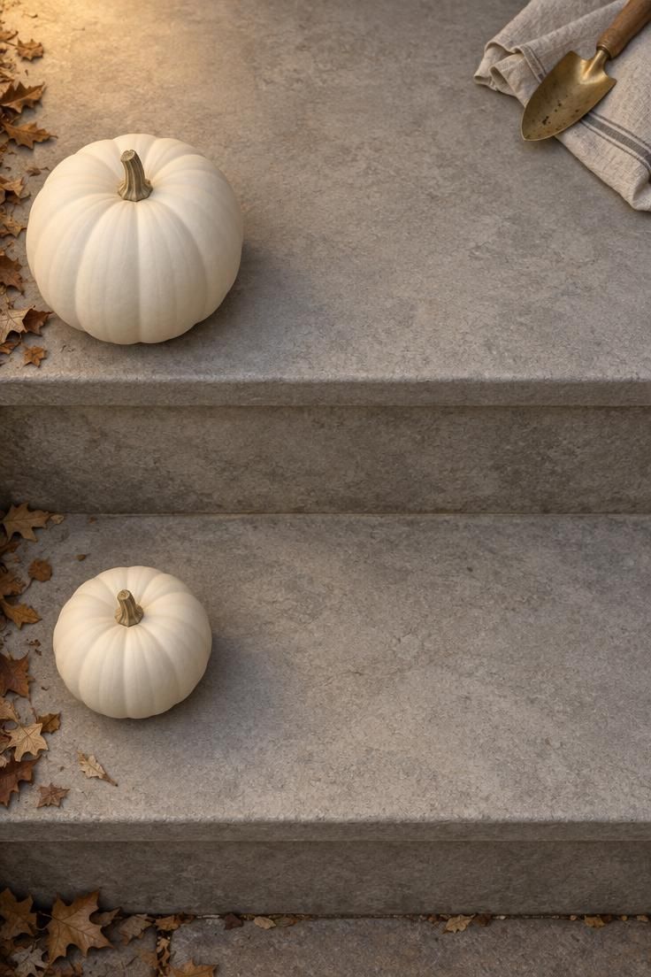 11 Charming Halloween Porch Ideas for a Festive Entry 8 Two bones-white pumpkins alone on the lowest step risers of a stone porch under soft diffused light.