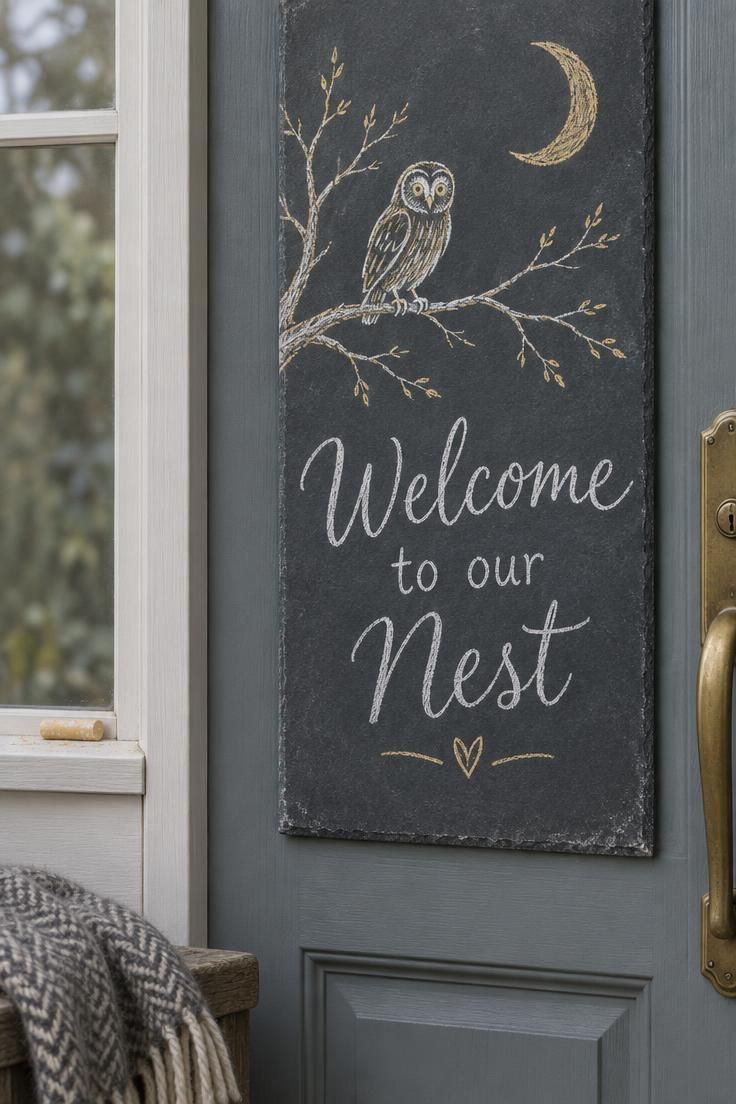 11 Charming Halloween Porch Ideas for a Festive Entry 9 Slate chalkboard panel on a front door with hand-drawn branch, owl, moon, and lettered greeting in white and ochre chalk.