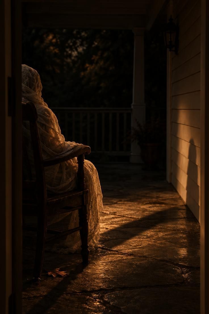 11 Charming Halloween Porch Ideas for a Festive Entry 10 Dark wooden chair with a gauze-draped form on a porch landing, raked by amber side light with long shadows.